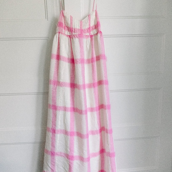 Anthropologie Maeve X-Small Plaid Linen Tie-Back Maxi Dress Bohemian Pink White - Picture 2 of 7